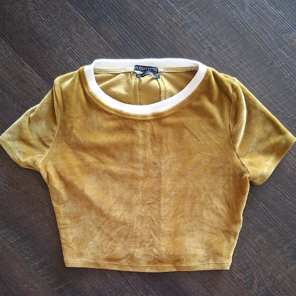 Urban Outfitters Mustard Velvet Crop Top with White Ribbing